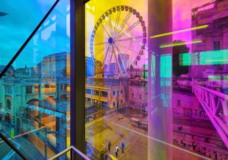 Marollescenece, art installation The Cube, coating of the windows with translucent dichroic films,