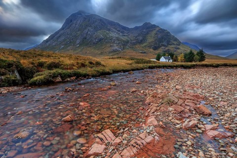 Wild river, cloudy mood, hut, cottage, long exposure, autumn, mountains, Lagangarbh Cottage,