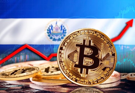 Bitcoin with El Salvador flag in the background. Bitcoin rising with the El Salvador Flag in the