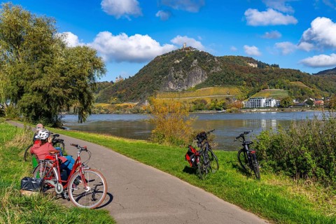 Cycle path on the Drachenfels, a mountain in the Siebengebirge on the Rhine between Bad Honnef and