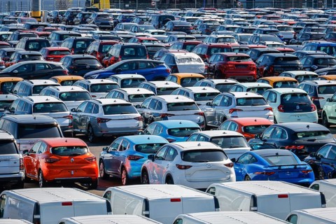 Duisburg, North Rhine-Westphalia, Germany - New cars, transhipment centre, car terminal in Duisburg