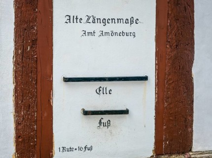 Amoeneburg, Hesse, Germany, The length measurements of ELLE and FUSS are displayed on the façade of