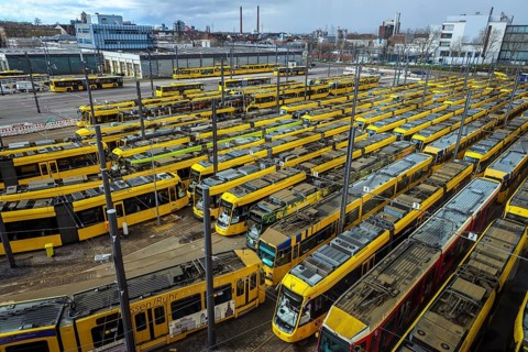 Essen, North Rhine-Westphalia, Germany, Trams at Ruhrbahn depot, Verdi and EVG warning strike,