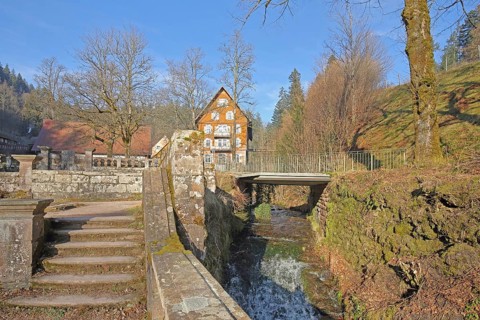 Wall and stairs at the Lierbach with building, stream, Allerheiligen Monastery, Oppenau, Northern