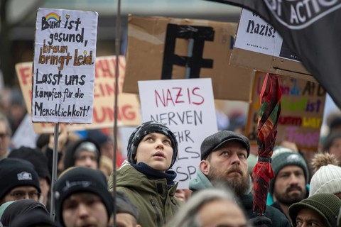 Demonstration against the right, people protest against right-wing extremism and in favour of