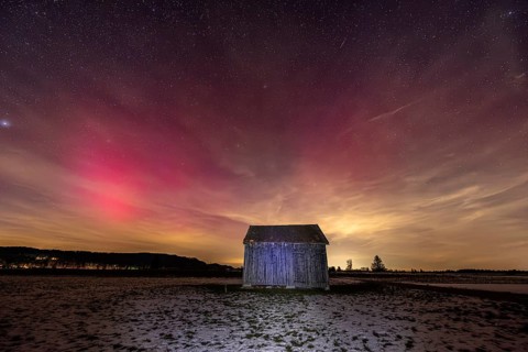 Northern Lights, Aurora borealis, violet, pink, red, hut, stars, Loisach-Lake Kochel-Moor,