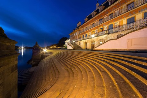 Staircase to the Elbe at the Water Palace of Pillnitz Castle at dusk, Dresden, Saxony, Germany,