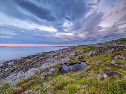 Circular route along the Atlantic Road, blue sky with clouds, sunrise, Atlanterhavsveien, Møre og