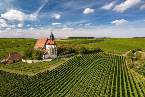 The pilgrimage church Maria im Weingarten and vineyards near Volkach seen from the air, Lower