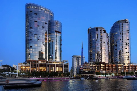 Skyline at Elisabeth Quay, blue hour, blue hour, harbour, Perth, State of Western Australia,