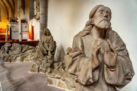 Sculpture group of the Roman Catholic church of St-Grégoire or St Gregory in Ribeauville, Alsace,