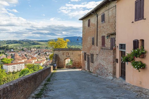 Porta Rivellino town gate with views over the town and the surrounding hills as far as San