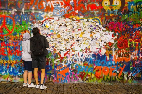Graffiti, notes with wishes and requests, John Lennon Wall, Grossprior Square, Prague, Czech