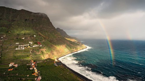 View of the village of Santa Catalina and the sea beaches Playa de Santa Catalina and Playa de