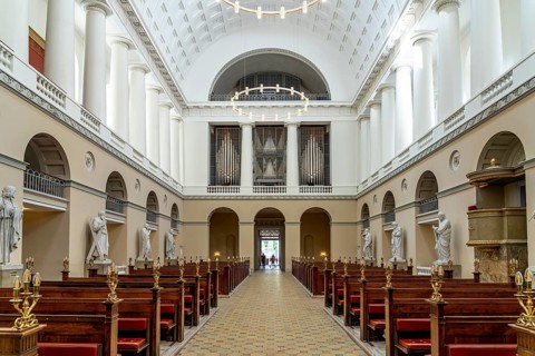 Interior and organ of the Church of Our Lady Vor Frue Kirke or Copenhagen Cathedral, Copenhagen,