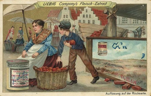 Picture series Picture puzzle, at the market, Liebig picture, digitally restored reproduction of a