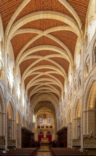 Vaulted roof ceiling interior of Buckfast abbey church, Buckfast Abbey, Devon. England, UK