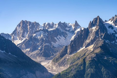 Mountain landscape with mountain peak Grandes Jorasses and glacier Mer de Glace, Mont Blanc massif,