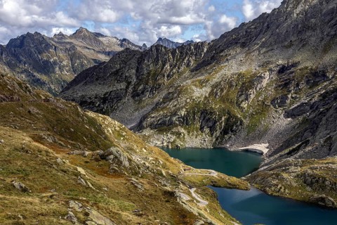 Lago Superiore and Lago di Sassola, behind Ticino mountains, Sambuco valley, Vale Sambuco, near