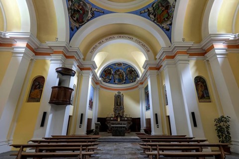 Church interior view in the village of Sonogno, Verzasca Valley, Valle Verzasca, Canton Ticino,