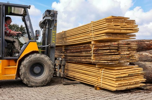 Solingen, North Rhine-Westphalia, Germany - Spruce logs are processed into construction timber,