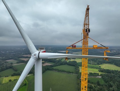 Dorsten, North Rhine-Westphalia, Germany, construction of a wind turbine. A large mobile crane