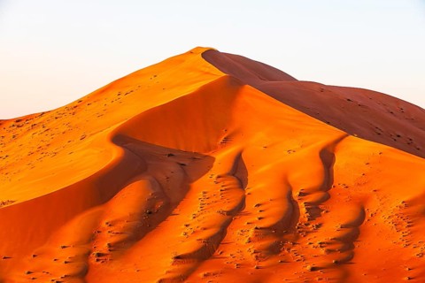Sand dunes formed by the wind, at sunrise, in the Rub al Khali desert, Dhofar province, Arabian