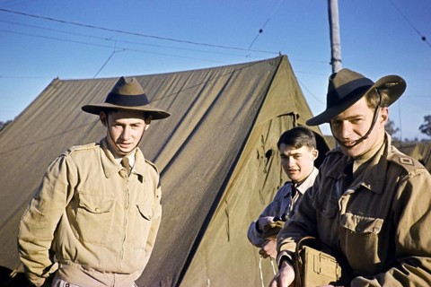 Cadet students at military training camp, Seymour Camp, Victoria, Australia 1956 Boys at their tent