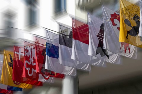 Symbolic photo cantonal flags Uri, Schwyz, Nidwalden, Glarus, Zug, Fribourg, Solothurn,