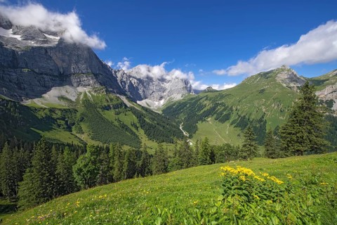 Spritzkarspitze and Grubenkarspitze, seen from Drijaggenalm, Karwendel Mountains, Tyrol, Austria,