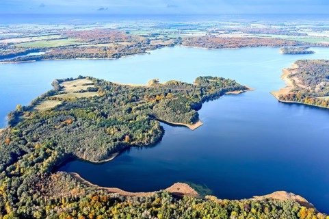 Aerial view over lake Schaalsee at Biosphärenreservat Schaalsee in autumn, fall,