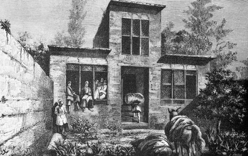 Persian house with garden, plants, wall, people, donkey, loads, carrying luggage, travelling in