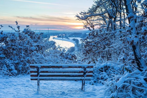 Scharfenberg vantage point on a winter morning at sunrise, view of the Elbe valley as far as