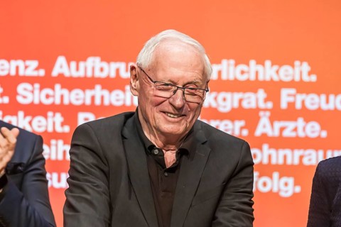 Oskar Lafontaine, portrait. Election event of the Alliance Sahra Wagenknecht party for the 2025