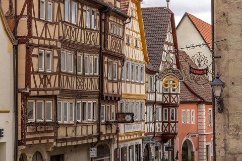 Half-timbered houses in the old town centre of Ochsenfurt, Lower Franconia, Bavaria, Germany,