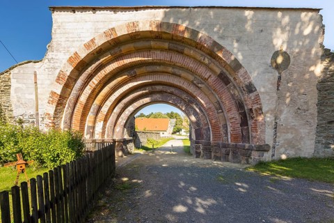 Romanesque portal as historical entrance to Altzella Monastery, Nossen, Saxony, Germany, Europe