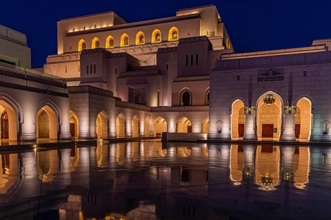 The illuminated main square in front of the Royal Opera, at night, night shot, Muscat, Arabian