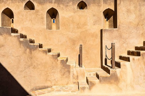 Staircases and embrasures in the palace fortress of Jabrin, Jabrin, near the city of Bahla, Arabian