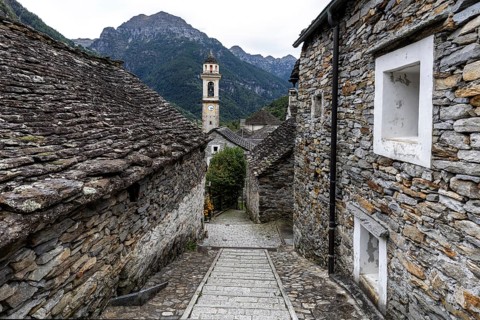 Typical Ticino stone houses and church in the village of Sonogno, Verzasca Valley, Valle Verzasca,