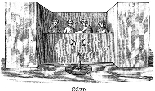 Four slaves treading grapes to make juice, wine press made of stone or wood, pressing, wine,
