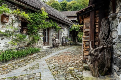 Typical Ticino stone houses in the mountain village of Bordei, Centovalli, Canton Ticino,
