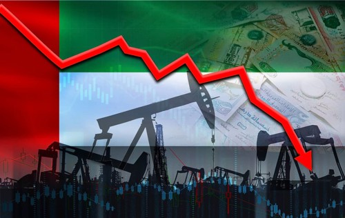 Oil crisis with Dubai flag on economic graph. Dubai Oil production crisis