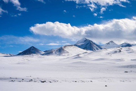 Snowy landscape with mountains along the Pamir Highway, Gorno-Badakhshan Province, Tajikistan,