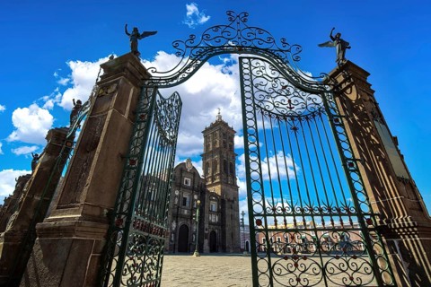 Mexico, Puebla Cathedral on the central Zocalo plaza in historic city center., Central America