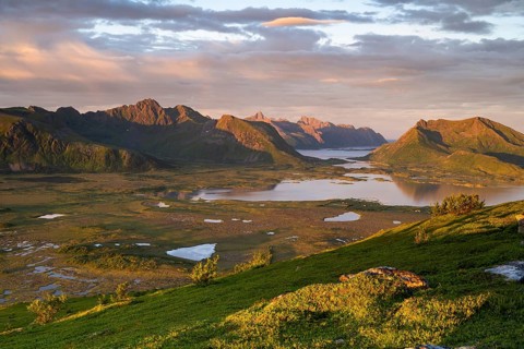View of the coast and mountains from Mount Hoven, Gimsoy, Lofoten, Norway, Europe