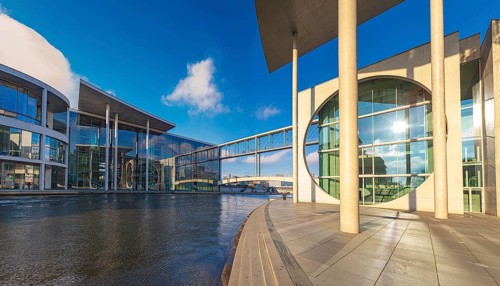 Spreebogen at the library of the German Bundestag with view of Paul-Löbe-Haus, Bundestag and
