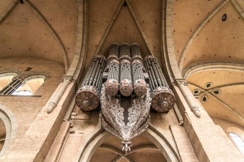 Church organ in the interior of St Peter's Cathedral, UNESCO World Heritage Site in Trier,