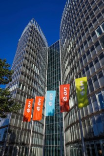 Essen, North Rhine-Westphalia, Germany, E.ON headquarters. e.on company logos on flags in front of