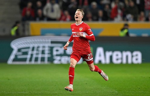 Chris Führich VfB Stuttgart (27) disappointed Logo PreZero Arena, Sinsheim, Baden-Württemberg,