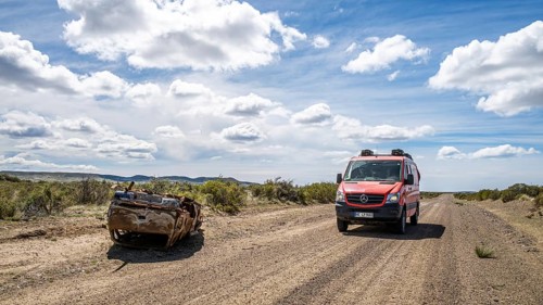 Car wreck along the road near Estancia la Maciega, Chubut, Argentina, South America